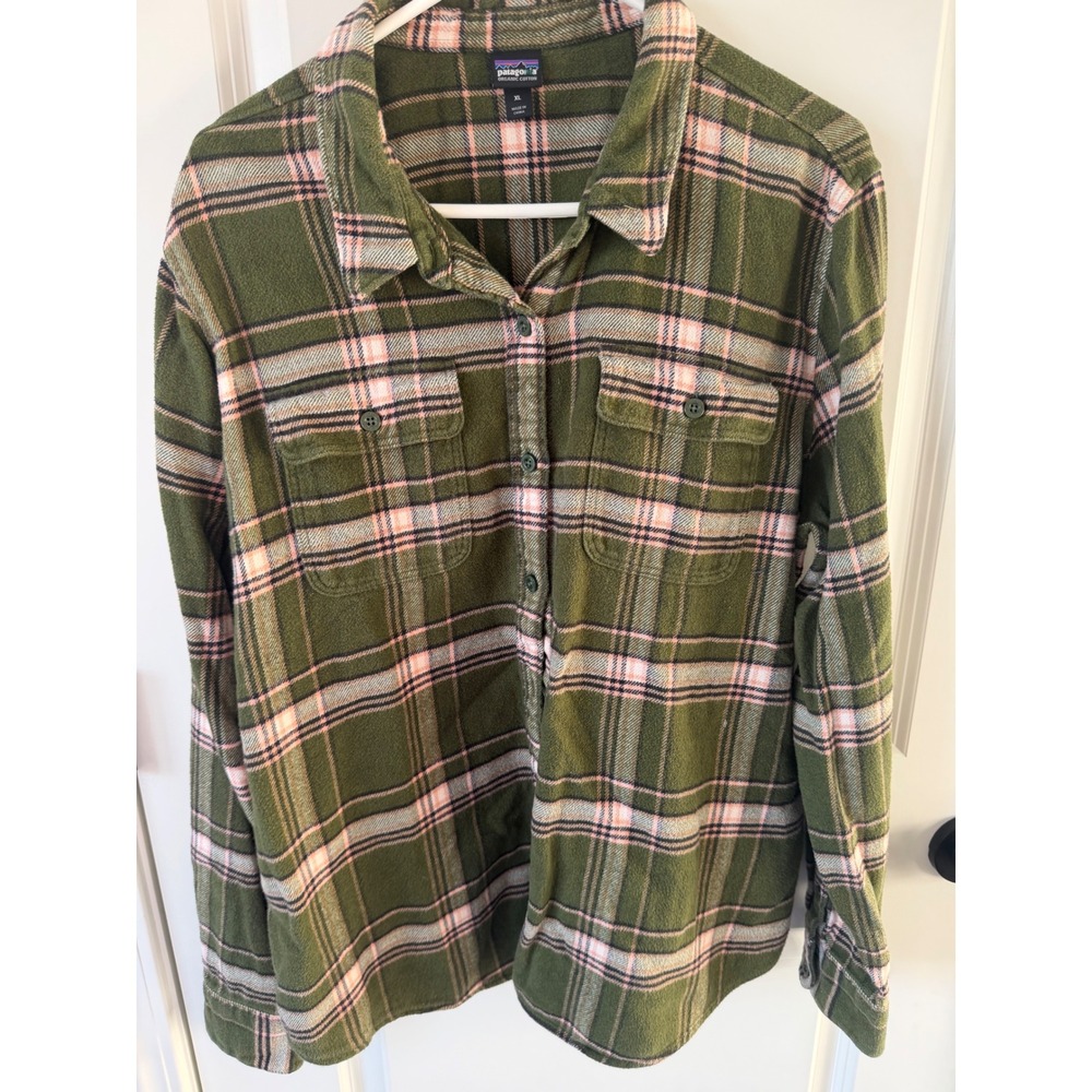 Patagonia Womens XL Organic Cotton Fjord Flannel Shirt Olive Green Pink Plaid